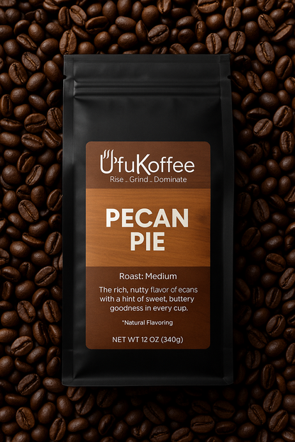 UfuKoffee medium roast pecan coffee beans bag labeled Pecan Pie on coffee beans background