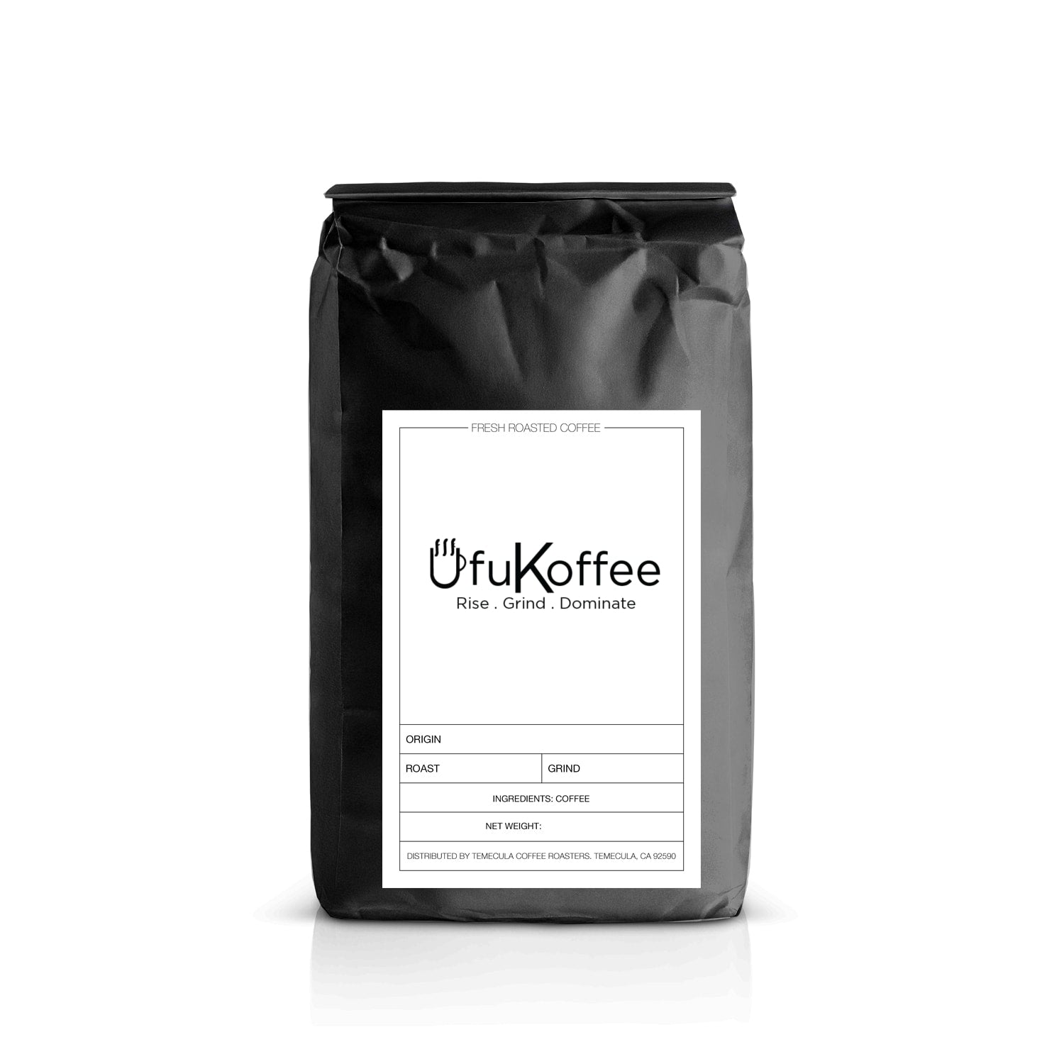 UfuKoffee mushroom coffee dark roast fresh roasted coffee bag with minimalist black packaging