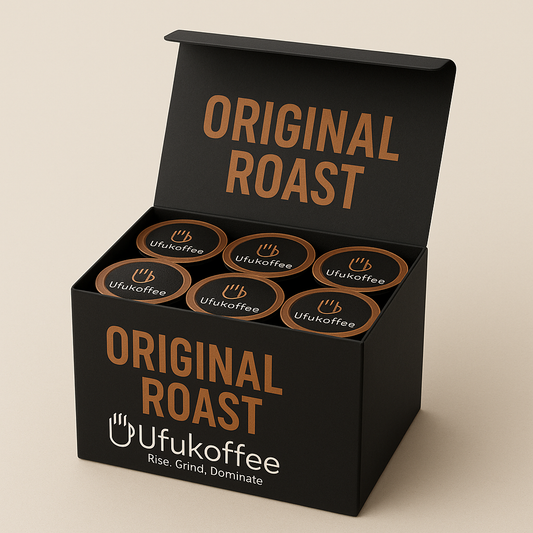 UfuKoffee original roast single serve coffee capsules in black and brown packaging box