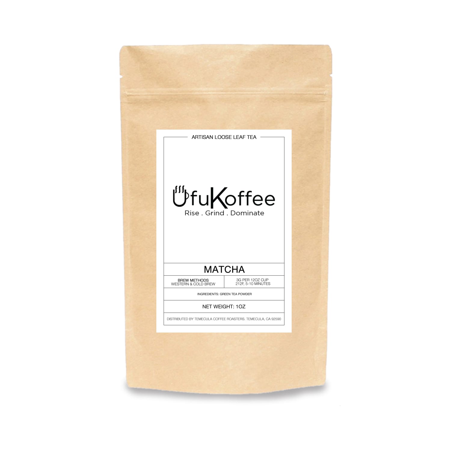UfuKoffee artisan loose leaf jasmine tea pouch with premium matcha powder branding