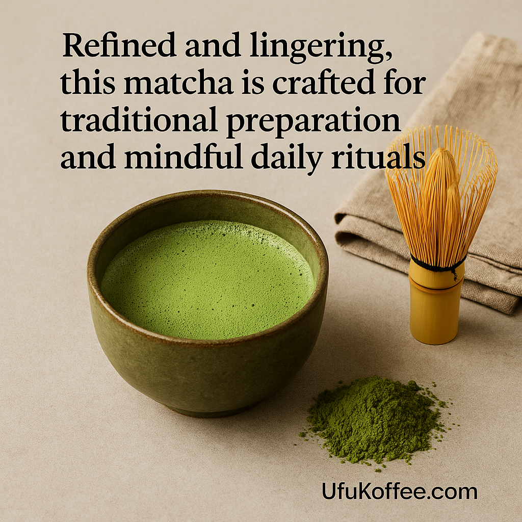 UfuKoffee premium matcha powder with traditional whisk and prepared green matcha tea in a ceramic bowl