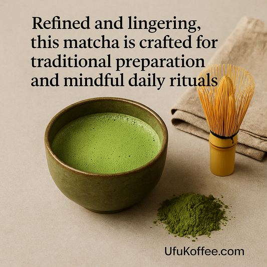 UfuKoffee premium matcha powder with traditional whisk and prepared green matcha tea in a ceramic bowl