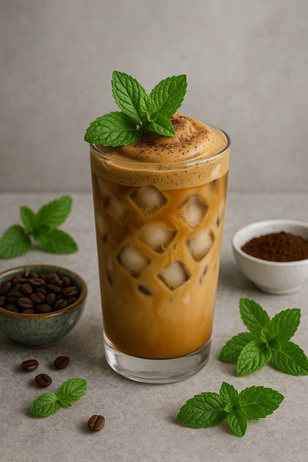 Iced coffee and fresh mint leaves surrounded by coffee beans and ground coffee, showcasing refreshing specialty mint coffee