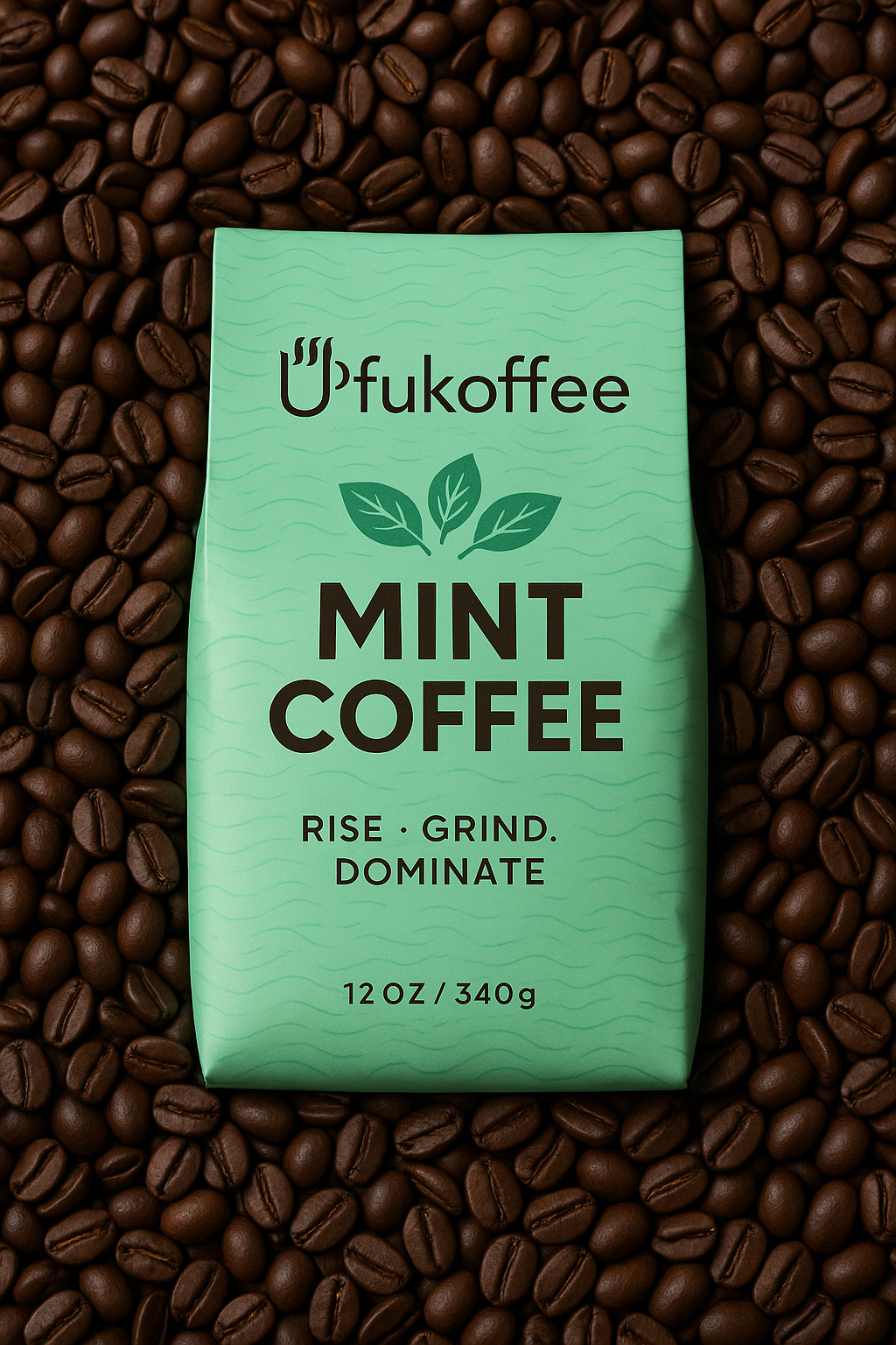 UfuKoffee refreshing specialty mint coffee 12 oz bag surrounded by coffee beans