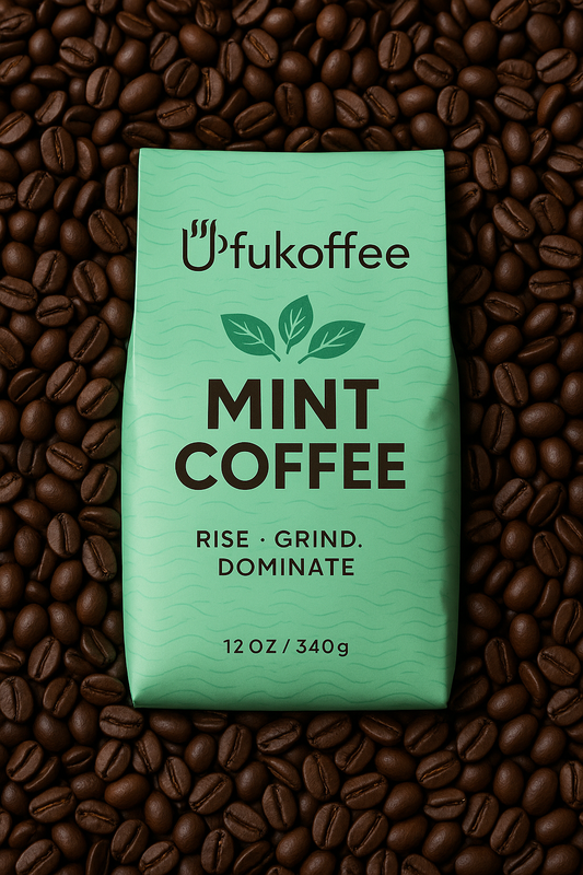UfuKoffee refreshing specialty mint coffee 12 oz bag surrounded by coffee beans