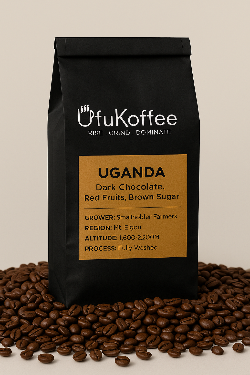UfuKoffee single origin Ugandan coffee for sale in black bag with flavor notes of dark chocolate red fruits and brown sugar