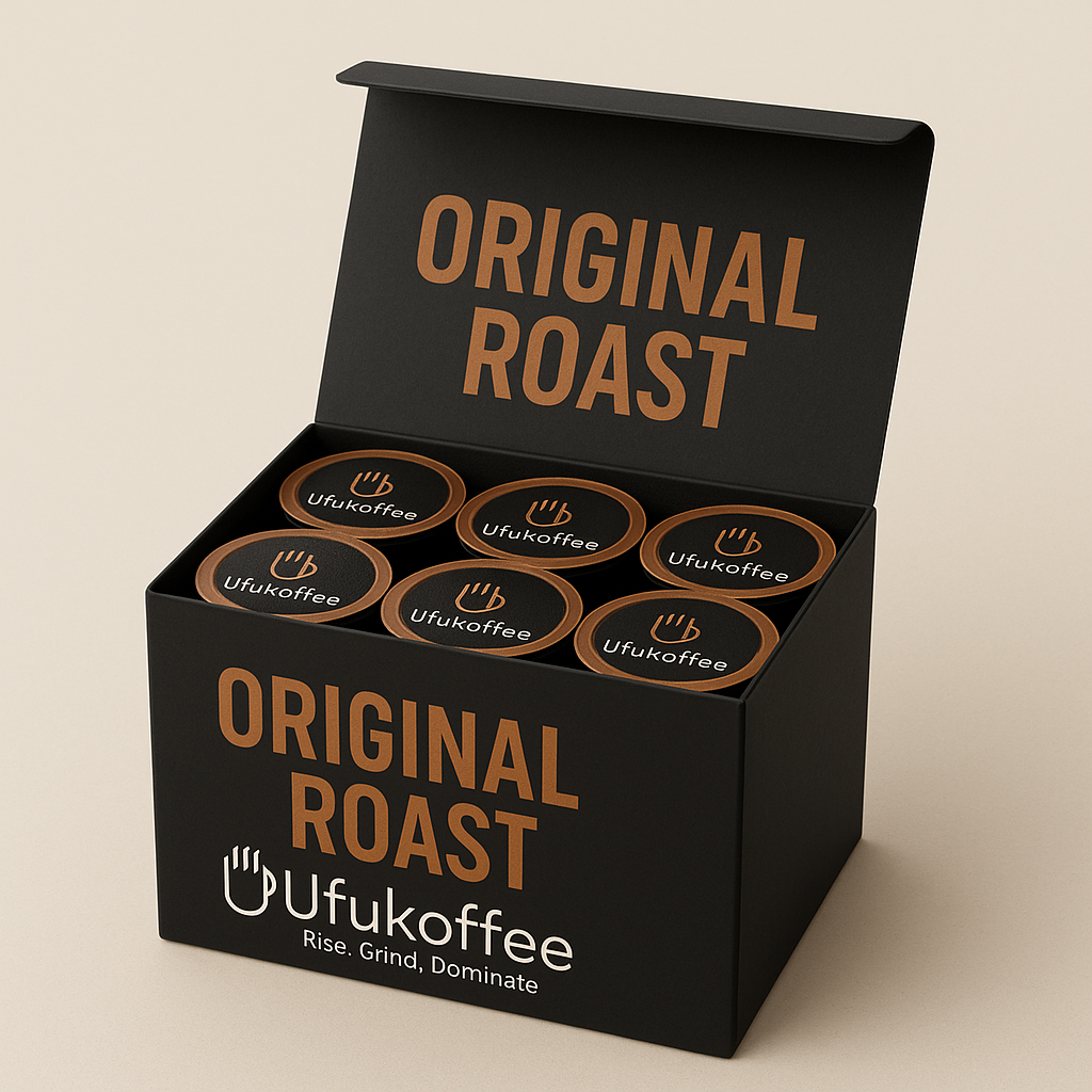 UfuKoffee Original Roast single serve coffee capsules in a black box with six pods