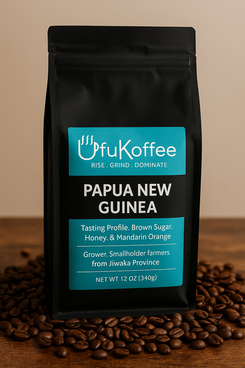 UfuKoffee Papua New Guinea coffee bag with smooth fruity coffee beans and tasting notes on black packaging