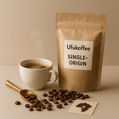 UfuKoffee single-origin smooth fruity coffee beans with brewed cup and coffee scoop