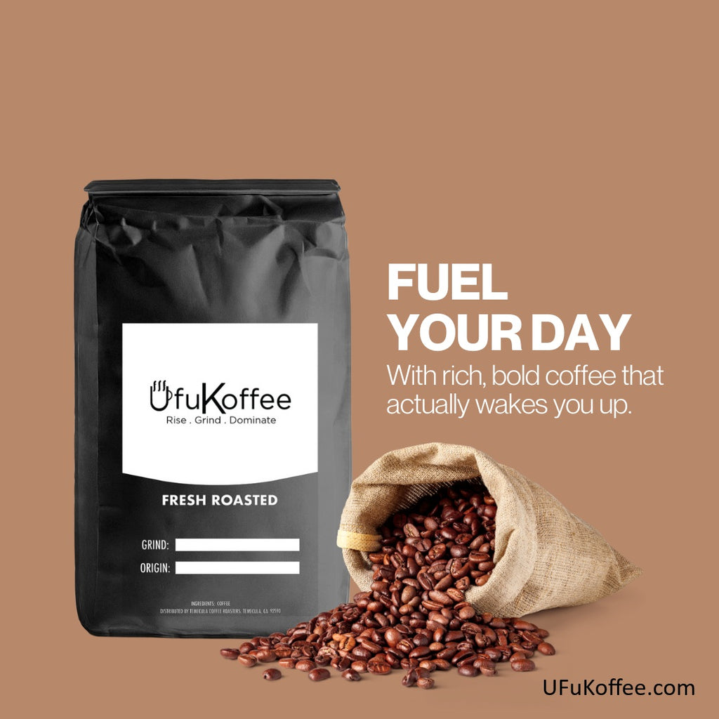UfuKoffee fresh roasted coffee bag next to burlap sack of coffee beans smooth specialty coffee pods