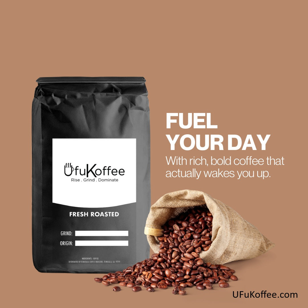 UfuKoffee fresh roasted coffee bag next to burlap sack of coffee beans smooth specialty coffee pods