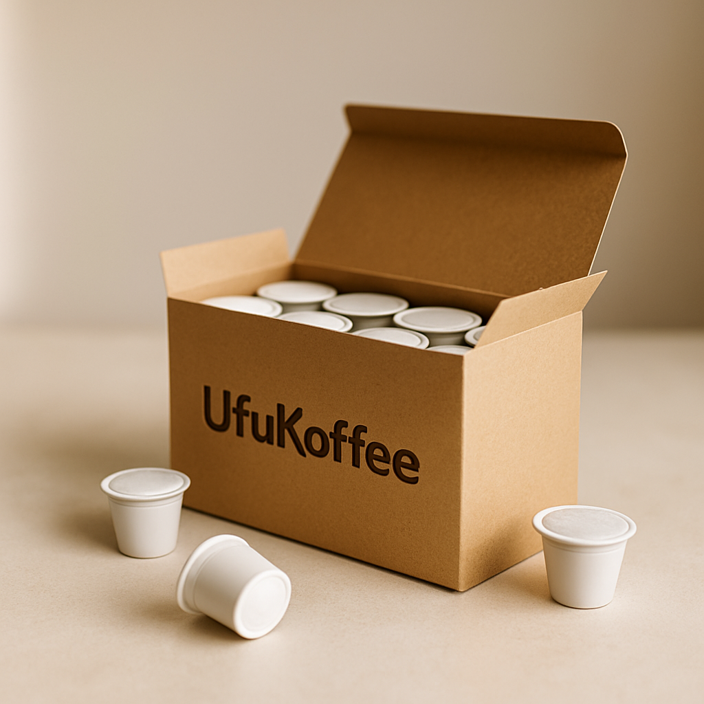 Box of UfuKoffee smooth specialty coffee pods with eco-friendly brown packaging and white pods