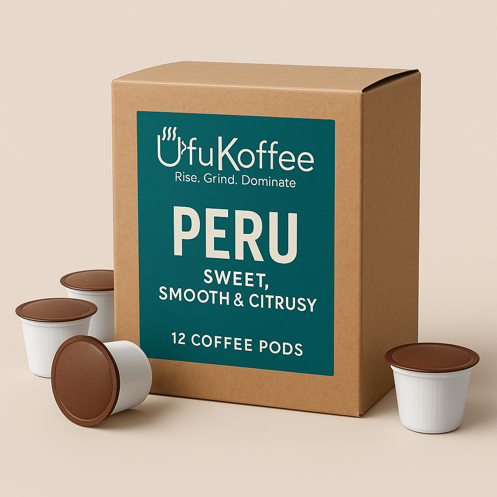 UfuKoffee Peru smooth specialty coffee pods box with 12 pods and sweet smooth citrusy flavor