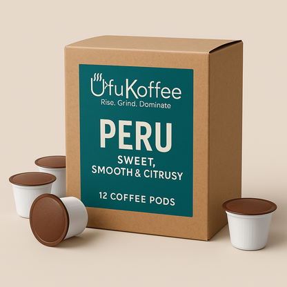 UfuKoffee Peru smooth specialty coffee pods box with 12 pods and sweet smooth citrusy flavor