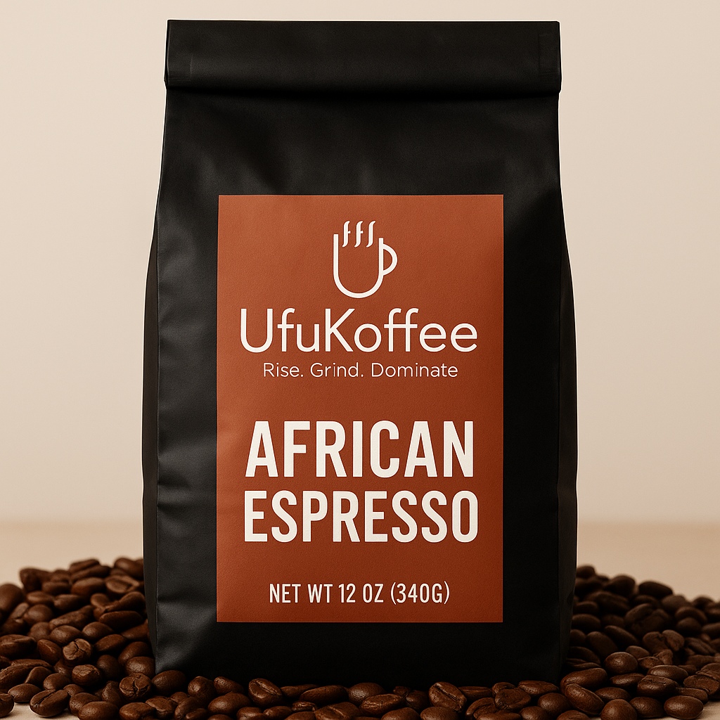 UfuKoffee African Espresso bag featuring Specialty African Coffee For Espresso with 12 oz weight on coffee beans background
