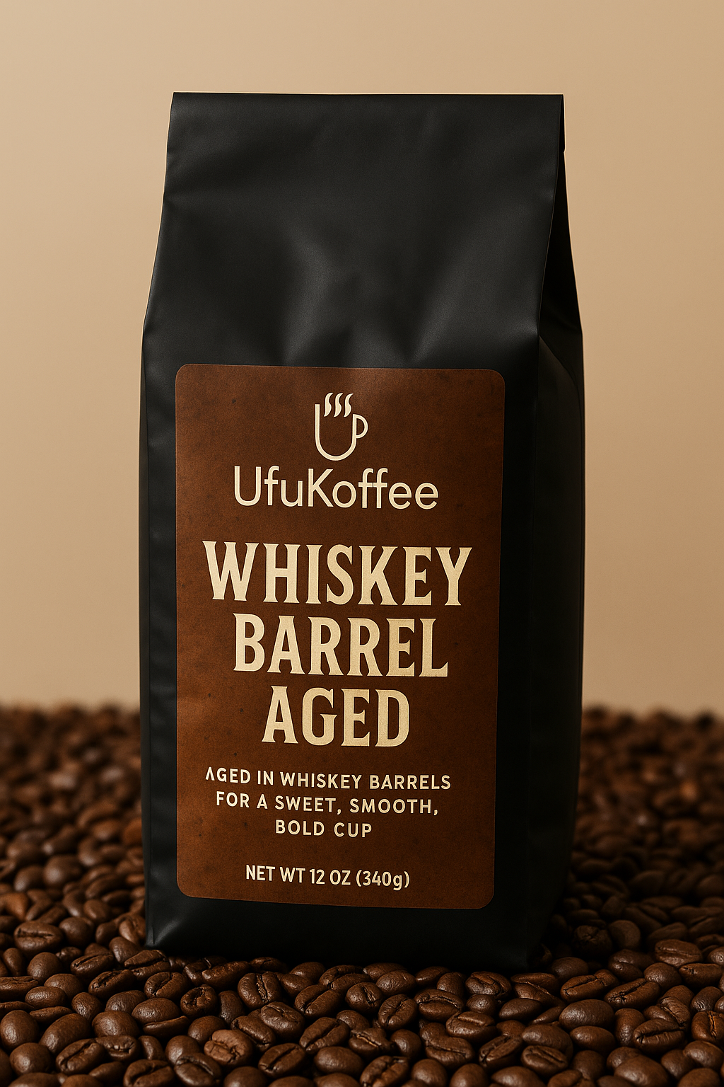 UfuKoffee Specialty Bourbon Coffee Roast Whiskey Barrel Aged 12 oz bag surrounded by coffee beans
