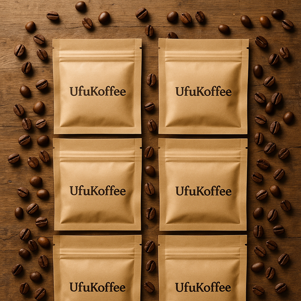 UfuKoffee specialty coffee sample pack with six brown resealable pouches surrounded by coffee beans