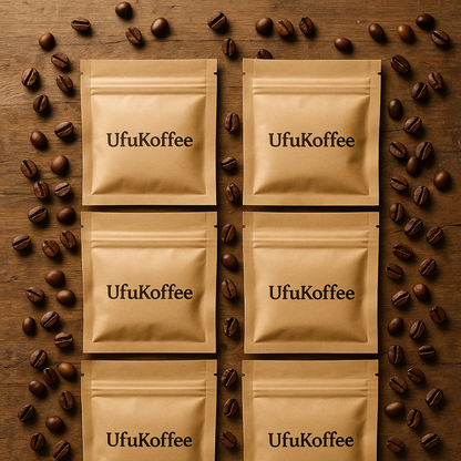 UfuKoffee specialty coffee sample pack with six brown resealable pouches surrounded by coffee beans