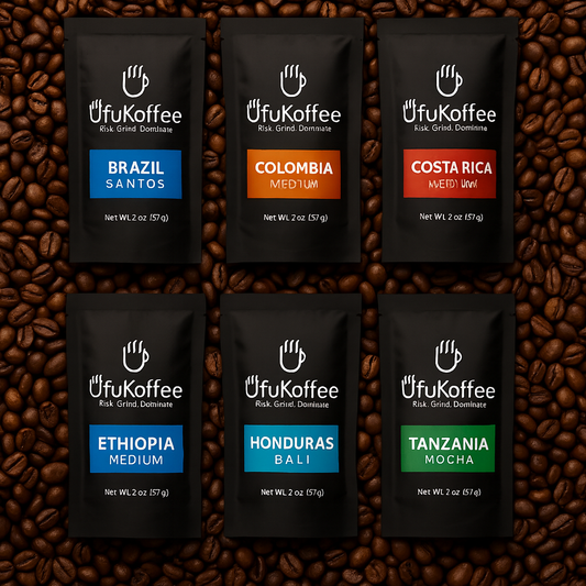 UfuKoffee specialty coffee sample pack featuring six bags of Brazil, Colombia, Costa Rica, Ethiopia, Honduras, and Tanzania coffee