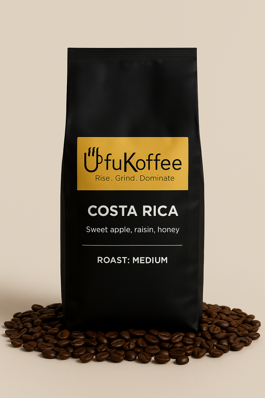 UfuKoffee black bag of Specialty Costa Rican Coffee Online medium roast with sweet apple raisin honey notes 