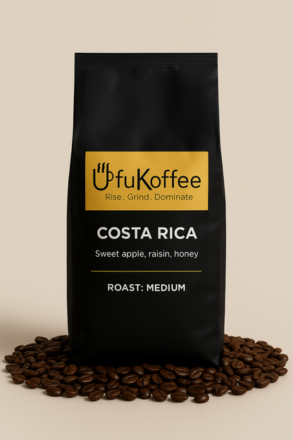 UfuKoffee black bag of Specialty Costa Rican Coffee Online medium roast with sweet apple raisin honey notes 