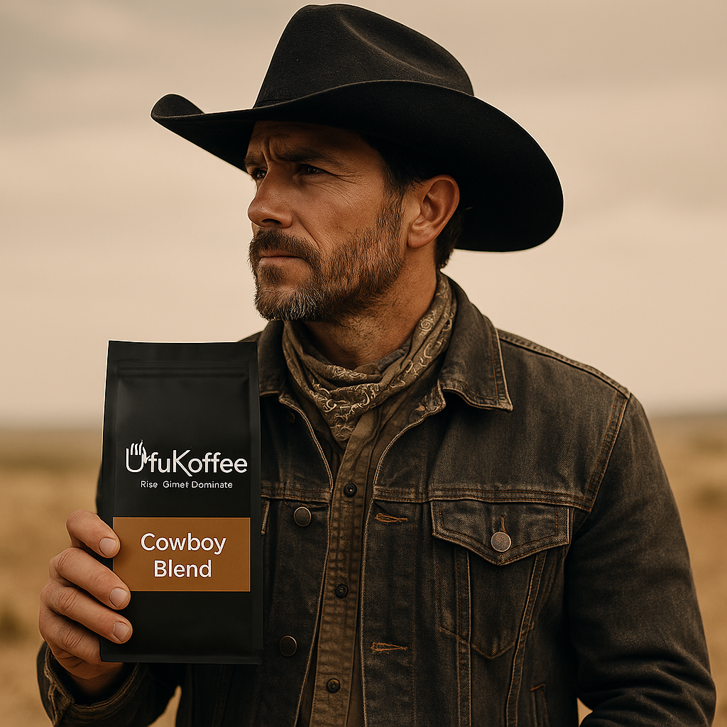 Man wearing cowboy hat holding UfuKoffee specialty cowboy roast bag in outdoor setting