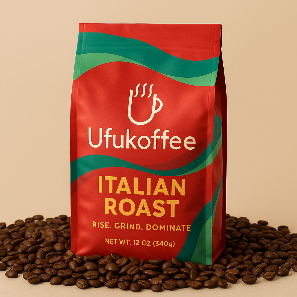 UfuKoffee specialty fresh roasted Italian coffee beans in a red and green 12 oz package surrounded by coffee beans