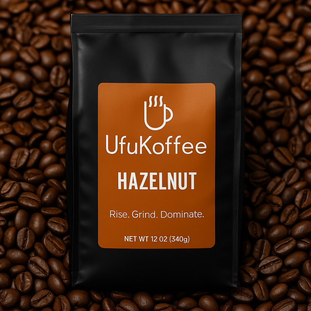 UfuKoffee specialty Hazelnut flavor coffee beans in black bag on roasted coffee beans background