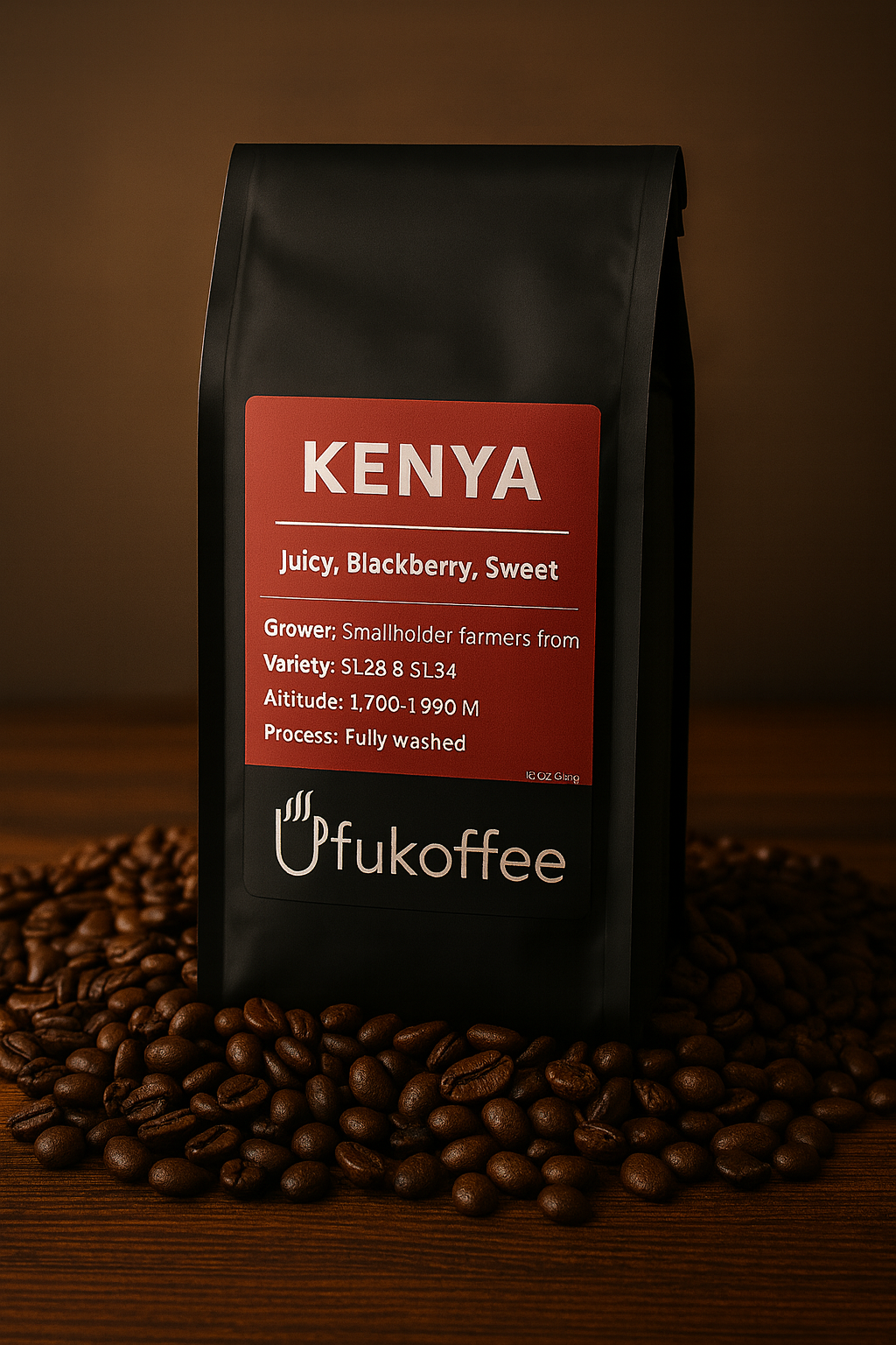 Specialty Kenyan coffee online black bag with details and UfuKoffee logo surrounded by coffee beans