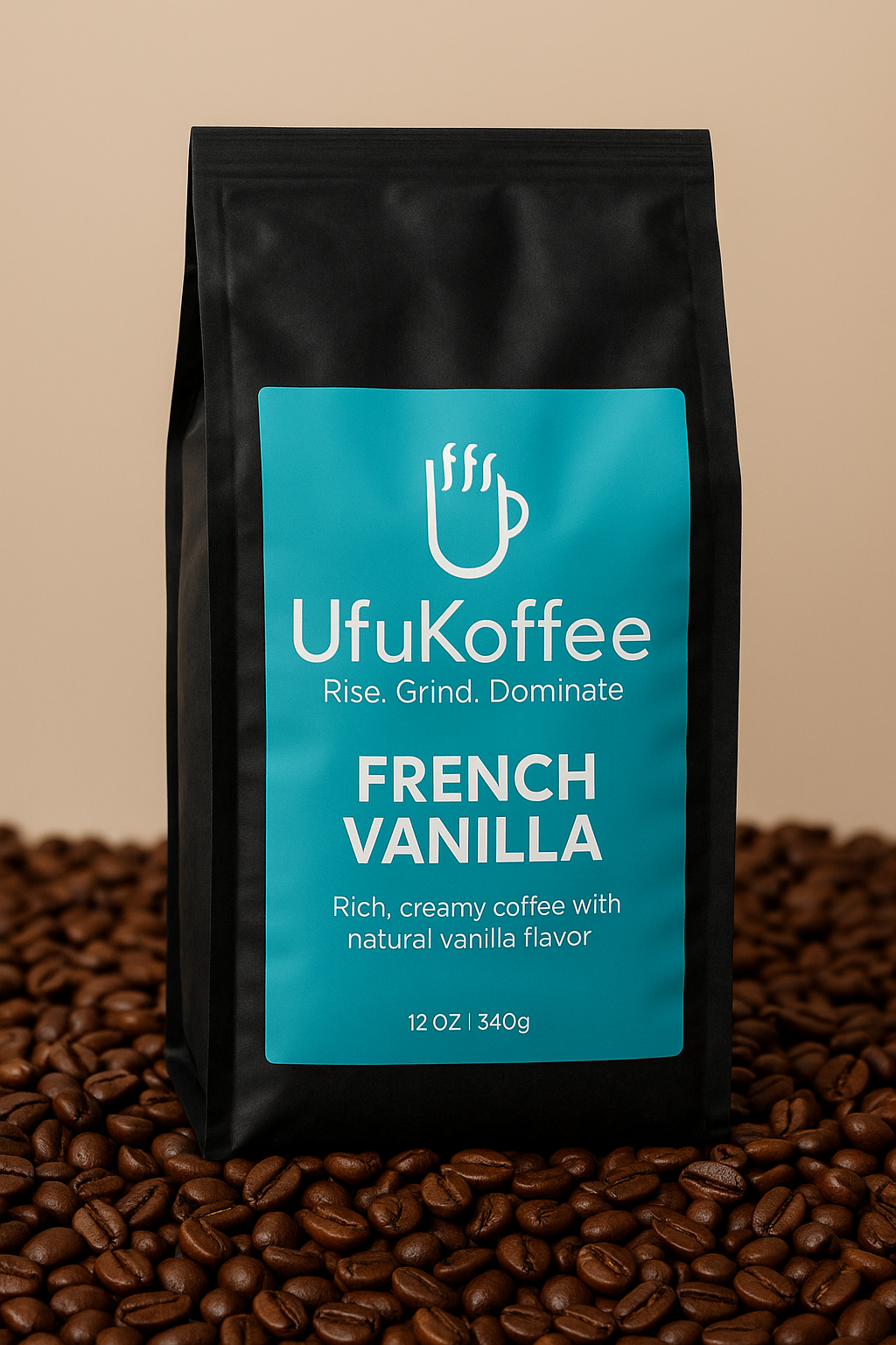 UfuKoffee French Vanilla coffee bag surrounded by coffee beans vanilla flavored coffee for delivery