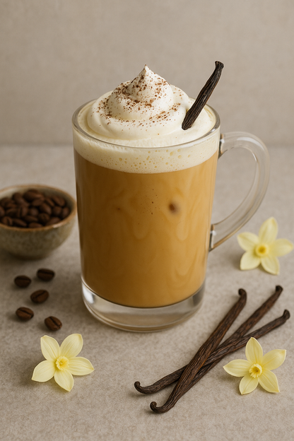 Vanilla flavored coffee for delivery topped with whipped cream and vanilla bean in a clear glass mug